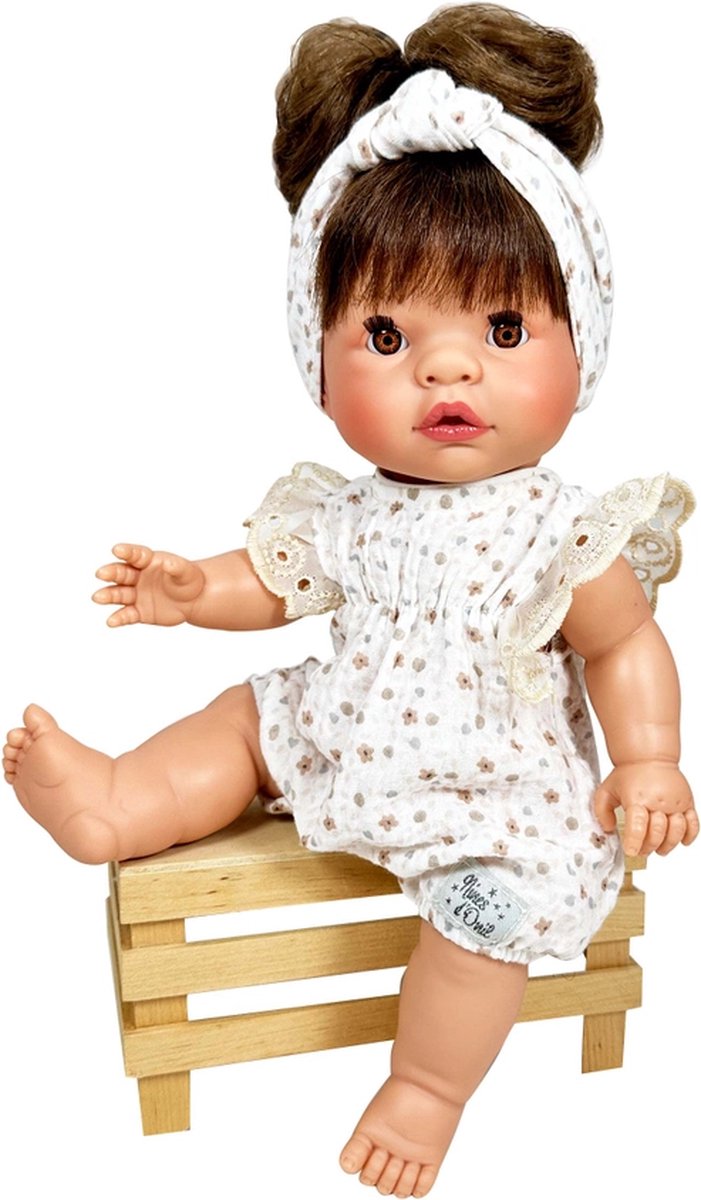 Nines d Onil Babypop Blank Meisje met Bruin Haar 37 cm